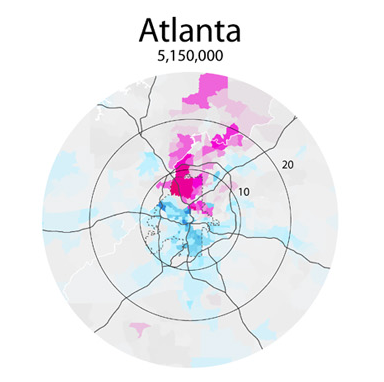 This map from Radical Cartography shows per capita income in Atlanta. The wealthy (pink) favored quarter is clearly visible to the north.