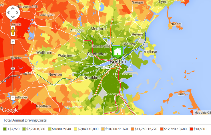 As you move away from the heart of metropolitan areas, transportation costs skyrocket. From the Center for Neighborhood Technology's "H+T Index."