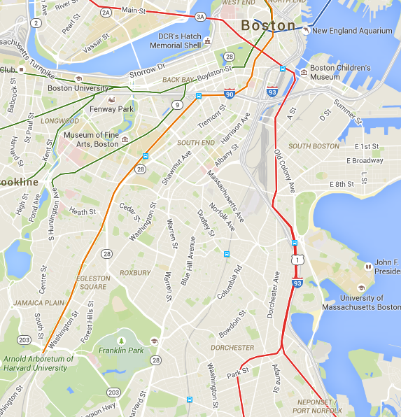 Boston's T reaches both Dorchester and Jamaica Plain, but a bus is by far the easiest way to get from one to the other on transit. Credit: Google Maps