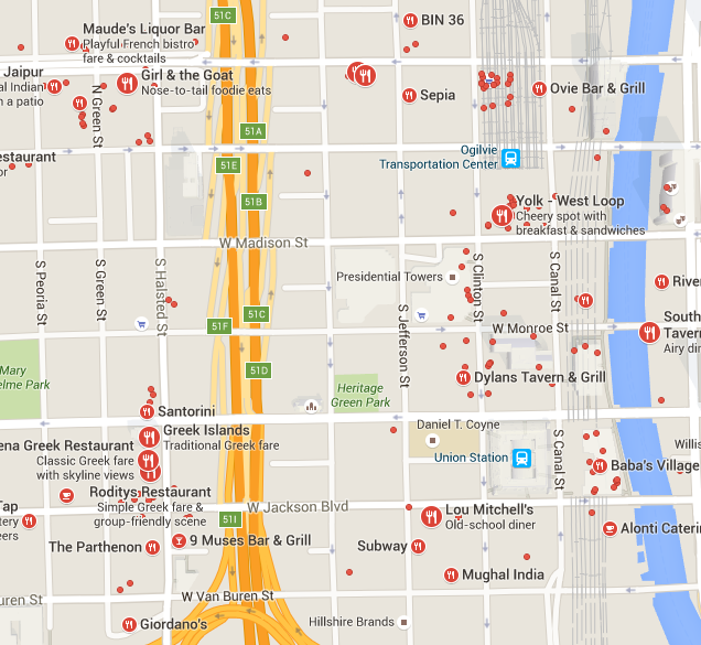 Google results for "restaurants" in IDEO's West Loop Chicago neighborhood.