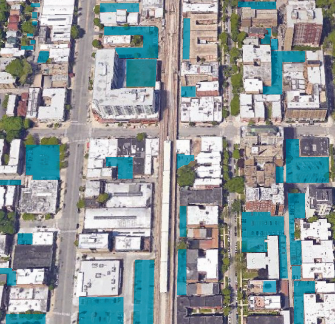 A view of Chicago's Edgewater neighborhood, with parking land use highlighted in teal. Credit: Center for Neighborhood Technology