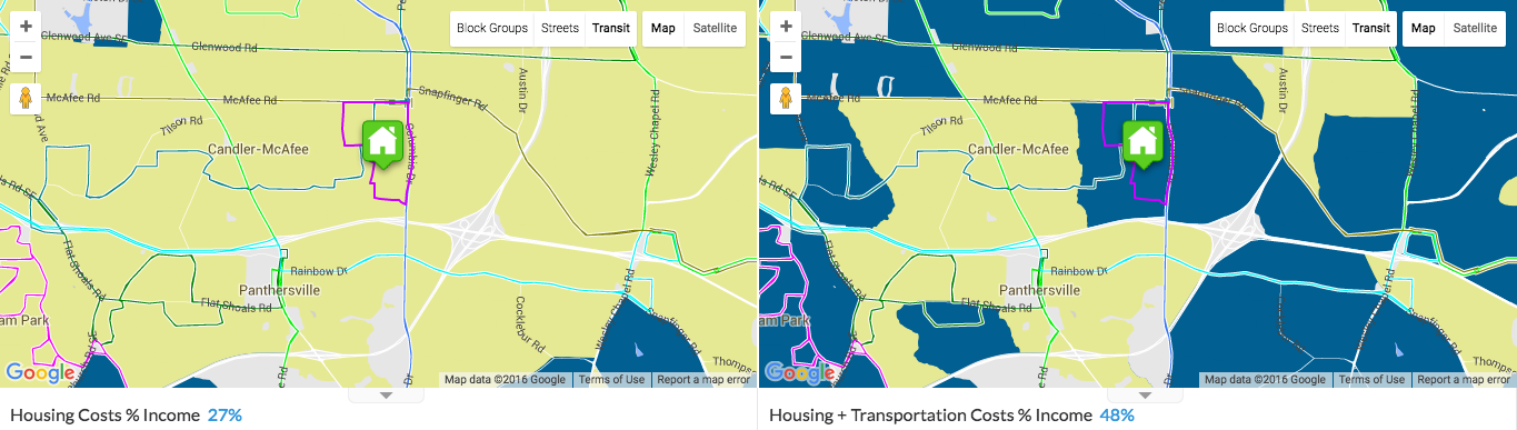 This neighborhood in Atlanta has affordable housing—but its transportation costs make it unaffordable. Credit: Center for Neighborhood Technology